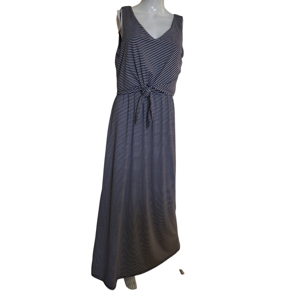 Lucky Brand Dress Woman Med Navy White Stripe Tie Waist Maxi Nautical Sleeveless